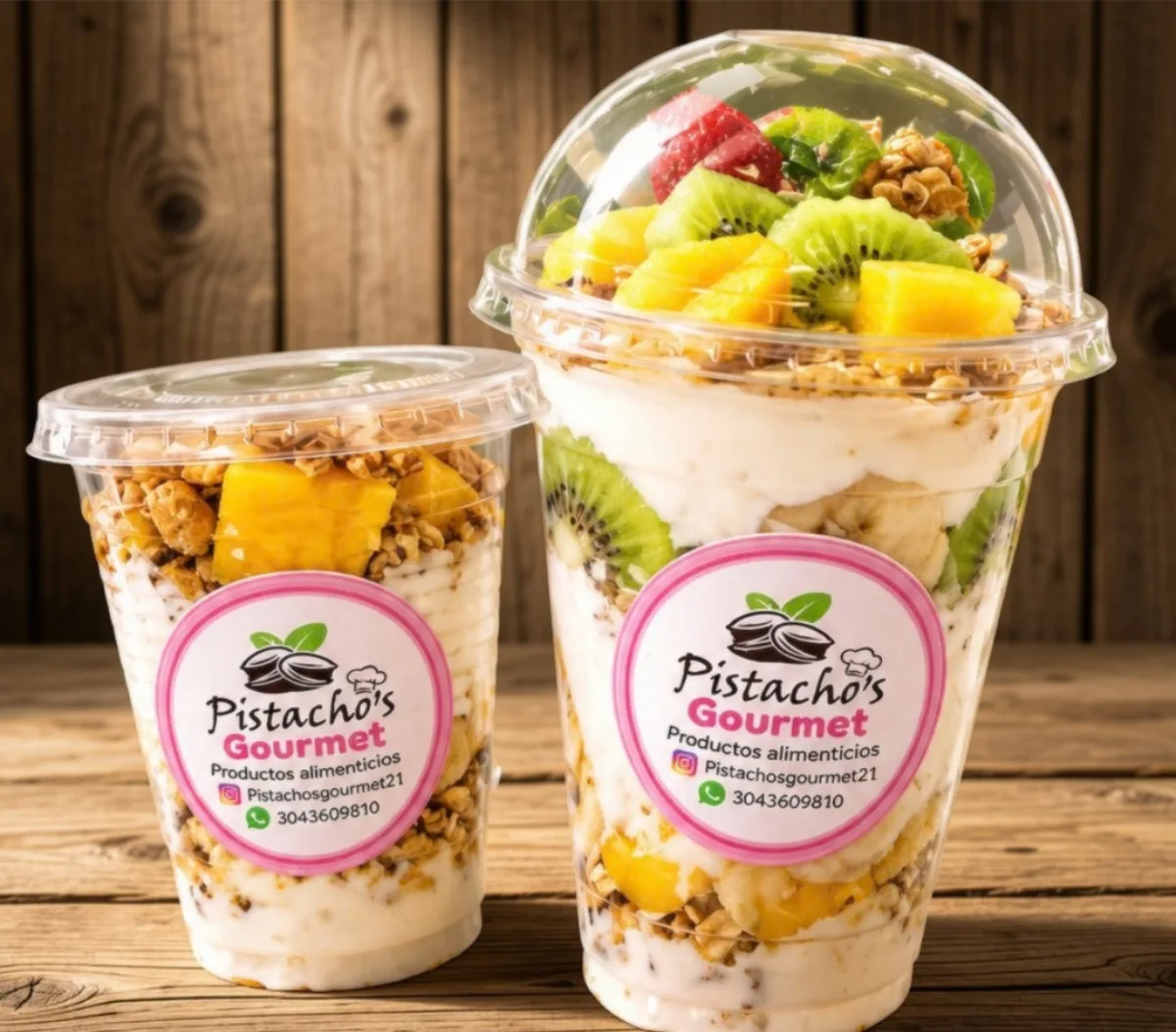 Dos vasos de parfait de yogurt griego con fruta fresca y granola, de Pistacho's Gourmet